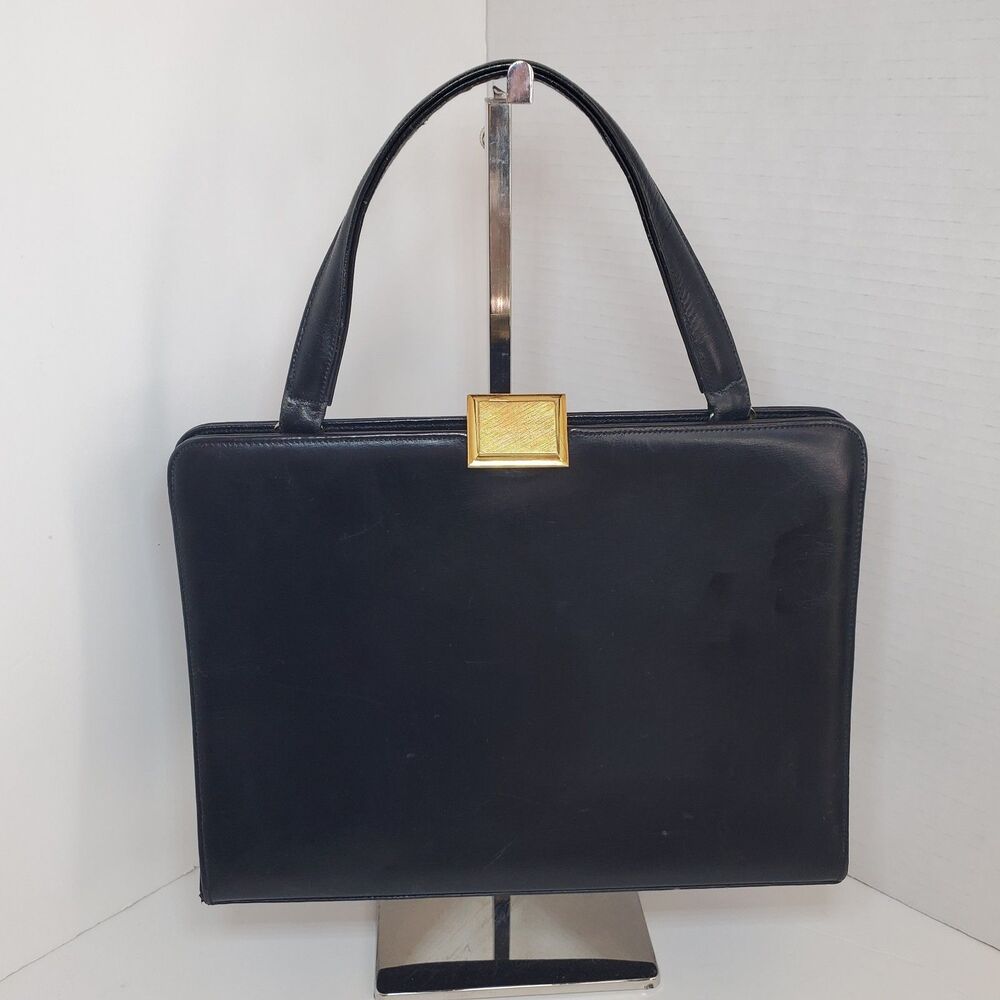 Vtg 1960s Calf Skin Leather Black Bag By Dorian Handbag Top Handle Hinge Closure